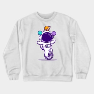 Cute Astronaut With Unicycle Bike And Planets Cartoon Crewneck Sweatshirt